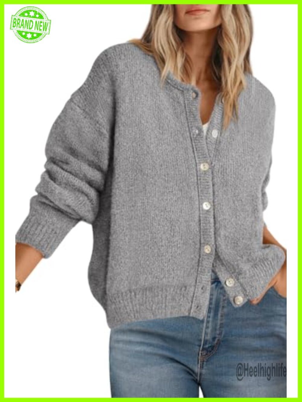 Long Sleeve Crewneck Button Down Lightweight Knit Cardigan Sweater